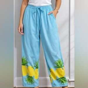 HUE Pineapple Print Lounge Pajama Pants Blue Tropical Resort Sleepwear M